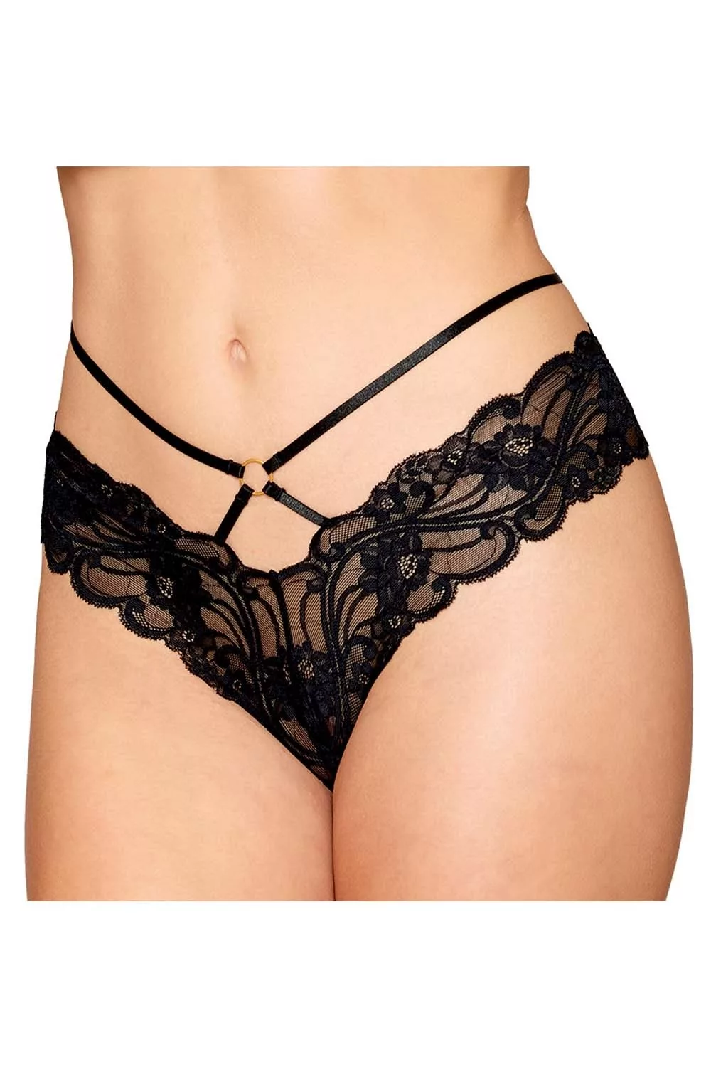 Culotte en dentelle noire avec lanières et chaines dorées