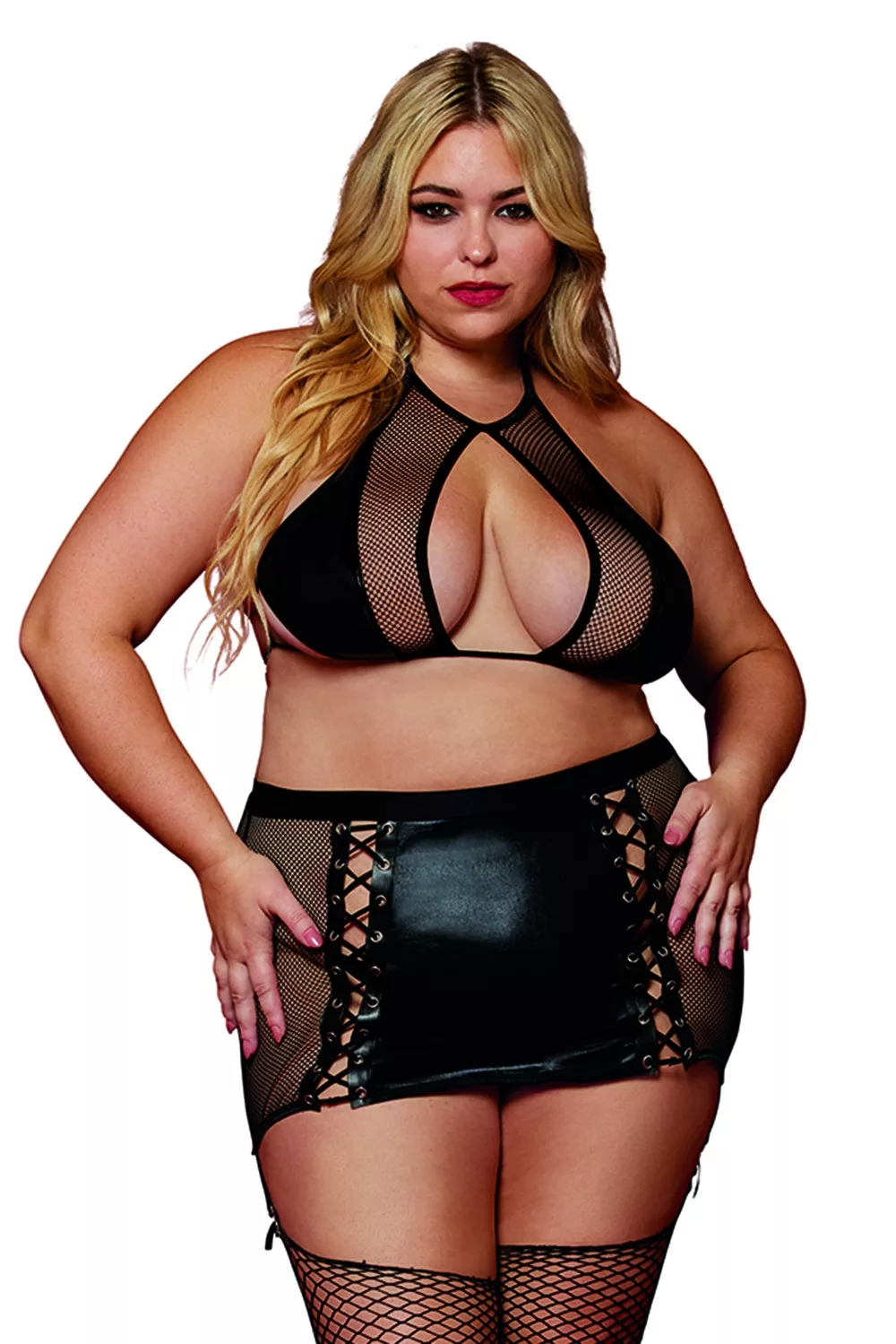 Soutien gorge et jupe porte jarretelles grande taille en résille et simili cuir