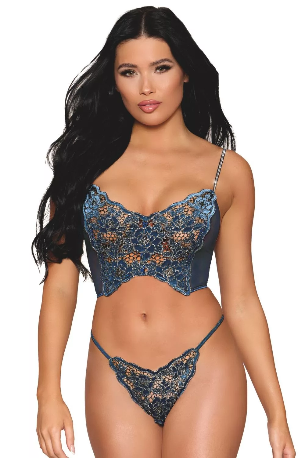 Bustier dentelle florale et résille avec strass et string assorti