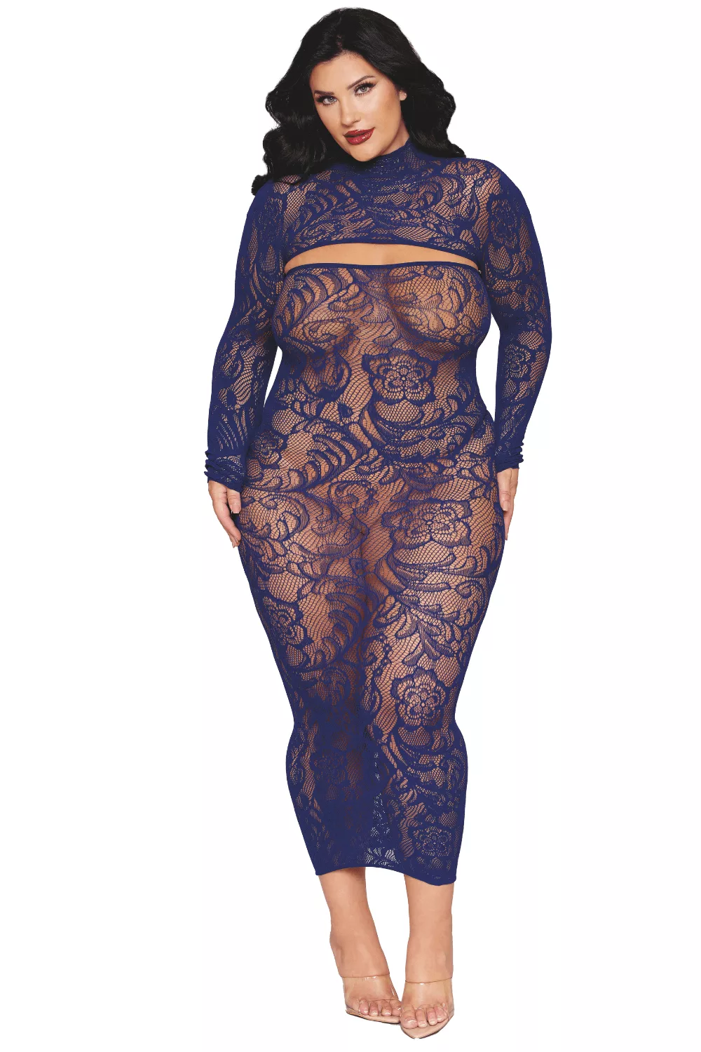 Ensemble 2 pièces grande taille top manches longues et robe bleu marine