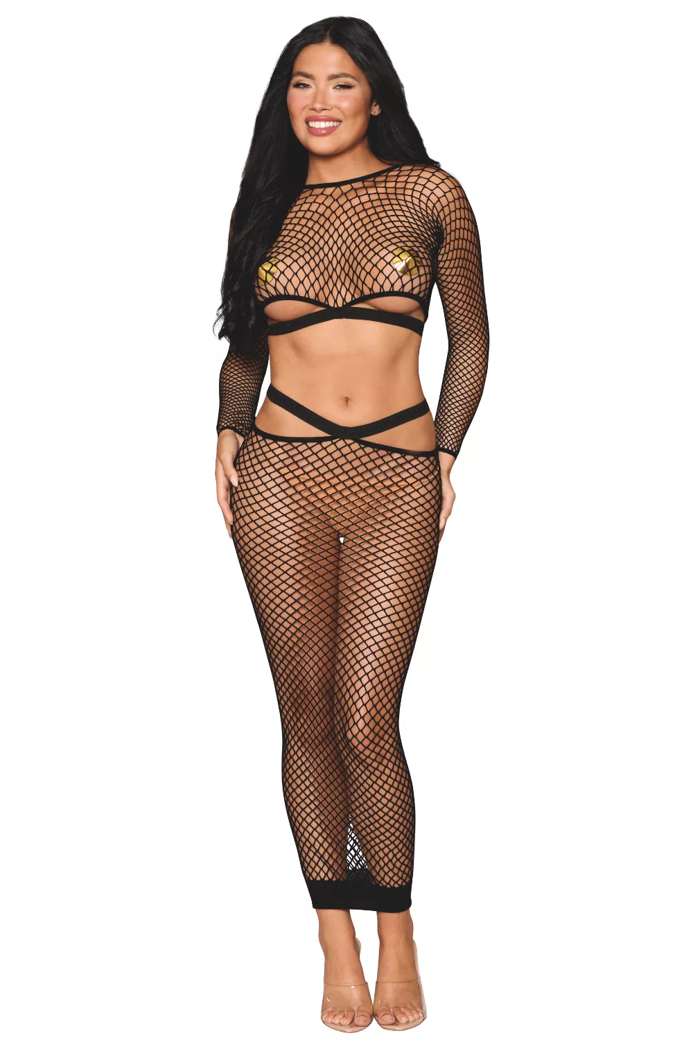 Ensemble 2 pièces top manches longues et jupe résille noire