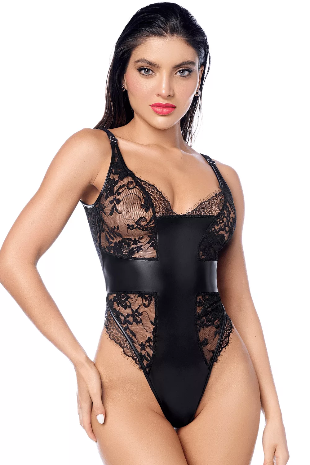 Body sexy noir dentelle & similicuir