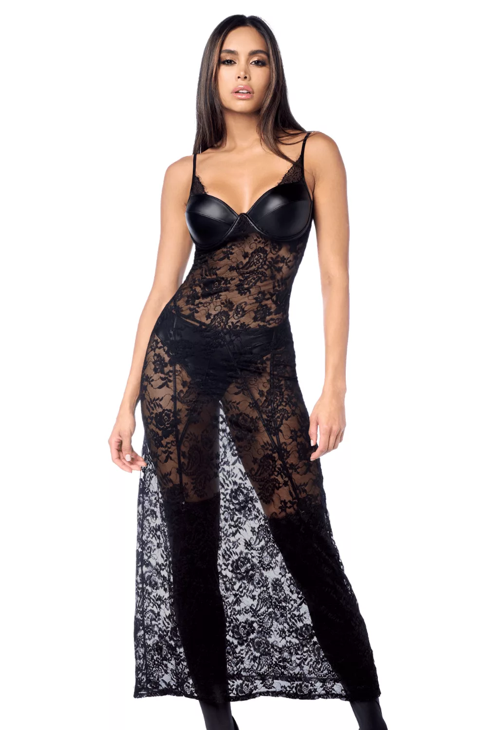Robe longue sexy en dentelle & cuir avec string et porte-jarretelles