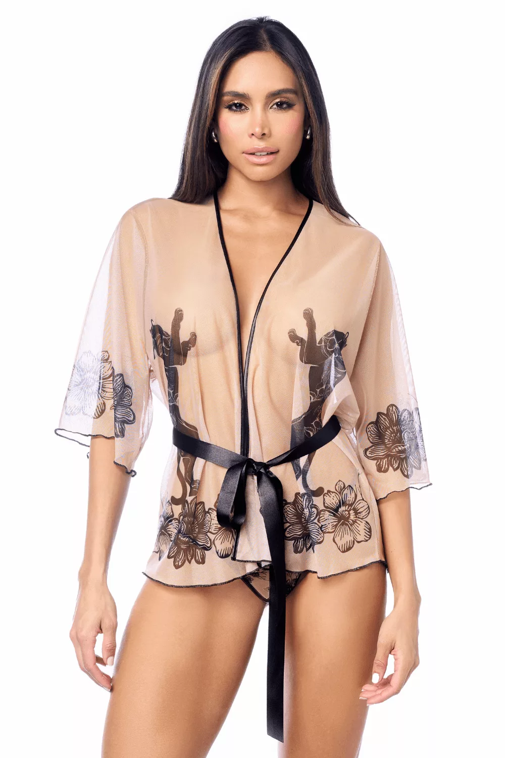 Peignoir sexy en résille imprimée transparente avec string