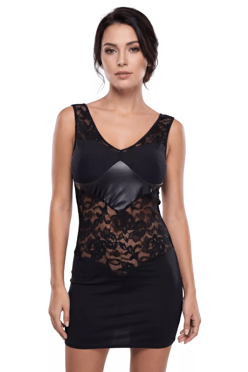 Robe cocktail empiècements dentelle et wetlook