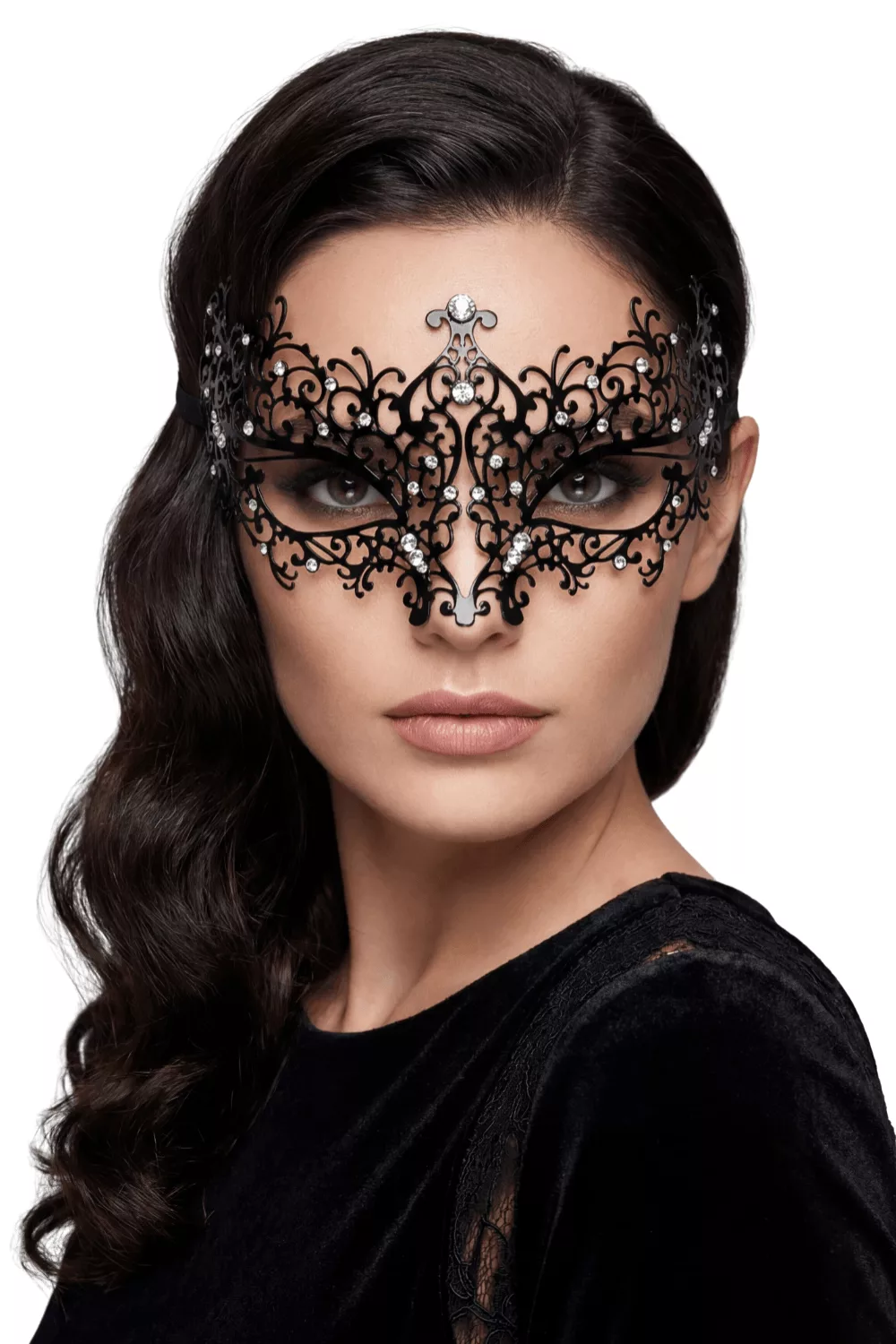 Masque vénitien Chiara rigide noir avec strass
