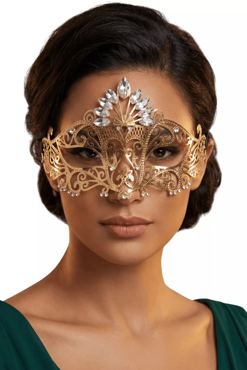 Masque vénitien Gemma rigide doré avec strass