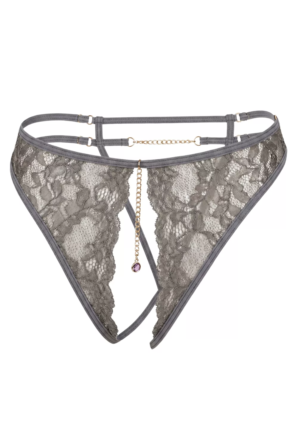 String gris avec bijou couleur aléatoire et chaîne dorée