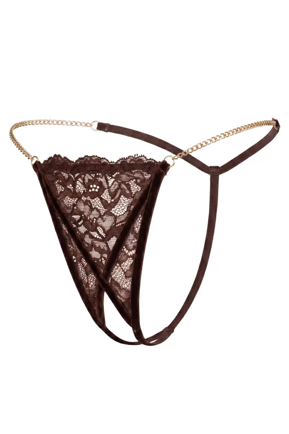 String en dentelle marron ouvert avec chaînes dorées