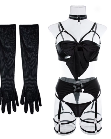 Ensemble de lingerie sexy noir avec détails ajourés, nœud décoratif, jarretelles et gants assortis pour femme.