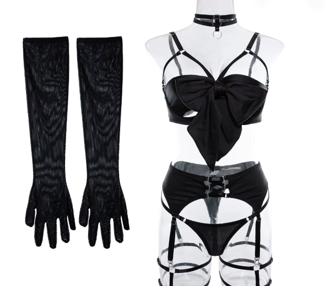 Ensemble de lingerie sexy noir avec détails ajourés, nœud décoratif, jarretelles et gants assortis pour femme.