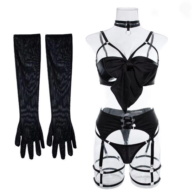 Ensemble de lingerie sexy noir avec détails ajourés, nœud décoratif, jarretelles et gants assortis pour femme.